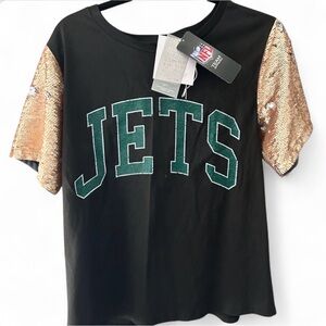 NWT New York Jets NFL Gameday Couture Black T-Shirt with Sequin Sleeves small